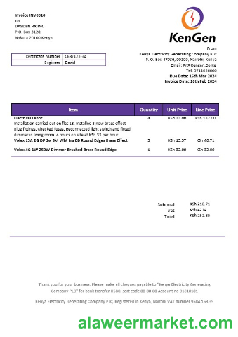 Kenya KenGen Electricity Generating Company business utility bill template in Word and PDF formats